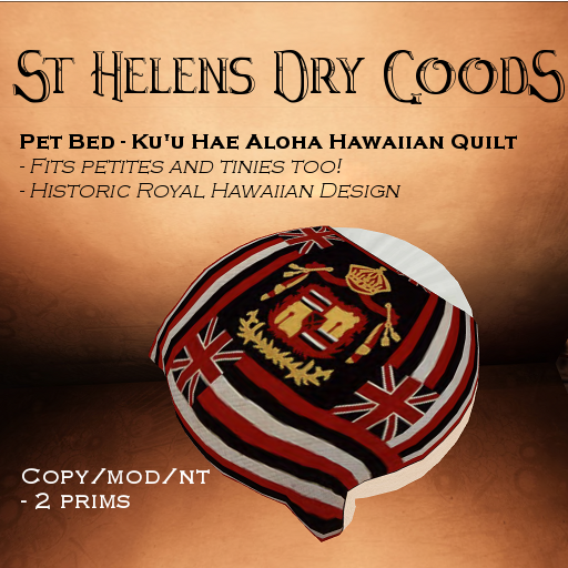 Round Pet Bed: Ku'u Hae Aloha Royal Hawaiian Quilt Sculpted prims in Second Life: Round pet bed with Hawaiian quilt design