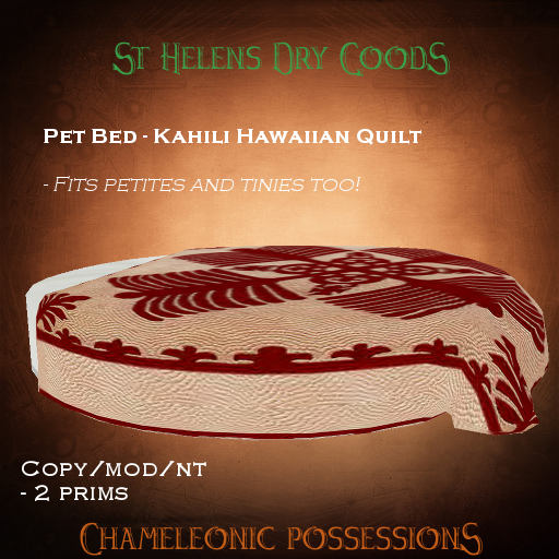 Kahekili Hawaiian Quilt Pet, Tiny, or Petite Bed Second Life Sculpty Pet Bed