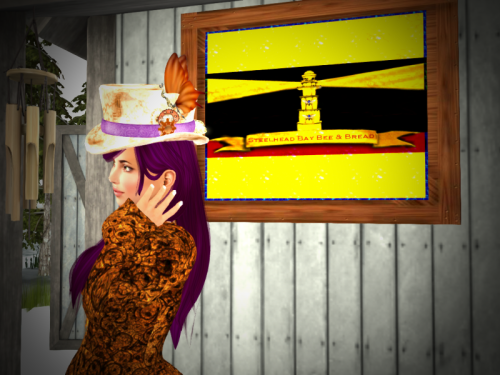 Second Life screenshot showing Lelani Carver in front of her Steelhead Bay shop