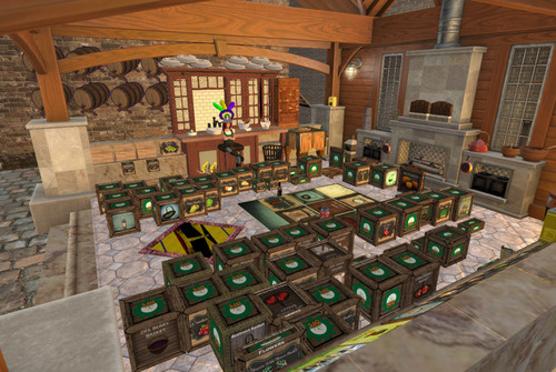 Second Life avatar surrounded by several dozen boxes hoping to recover her large inventory of virtual stuff.