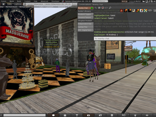 Second Life avatars gather before walking, riding, or swimming along a course. A whale is in the background and in the foreground a gentelman centaur is wearing a beautifully draped kilt while his lady rides on his back.