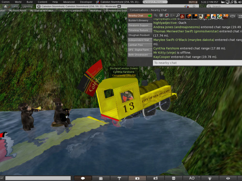 A SecondLife avatar named Cynthia Farshore derails a party train carrying a Mardi Gras band in a virtual lake