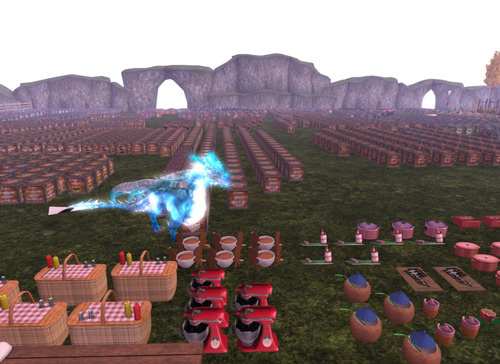 A Second Life Dragon avatar browses the sale items, tools, and ingredients at a large sale set out in a big field