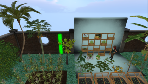 Screenshot from Second Life shows farming and gardening objects set for sale. It looks like a tropical garden.