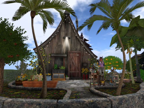Second Life screenshot shows a fantasy cottage with lots and lots of scripted DFS trees and plants. 