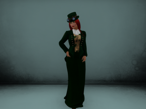 Victorian suit-dress with shamrock vest and goggled hat