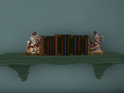 Detailed fantasy bookshelf with male and female cats in whimsical Victorian attire
