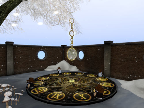 Second Life screenshot of a walled garden wirh a steampunk dance floor with robotic penguins